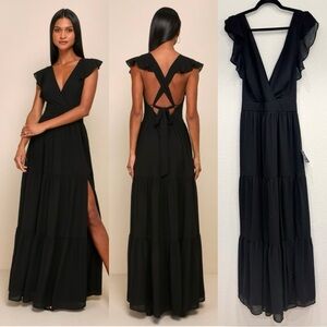 NWT Lulus Charming Success Black Tiered Lace-Up Backless Maxi‎ Dress